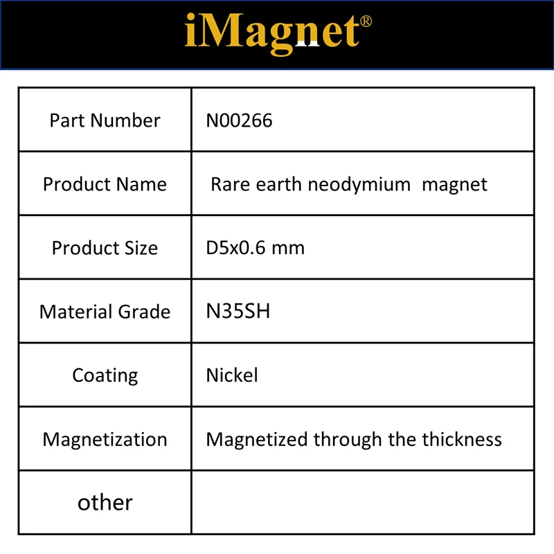 

N00266 100/500/1000 pcs N35SH Disc super Rare Earth Neodymium Magnet,D5x0.6mm ,Cuboid Ndfeb Magnet ,Magnet for refrigerator