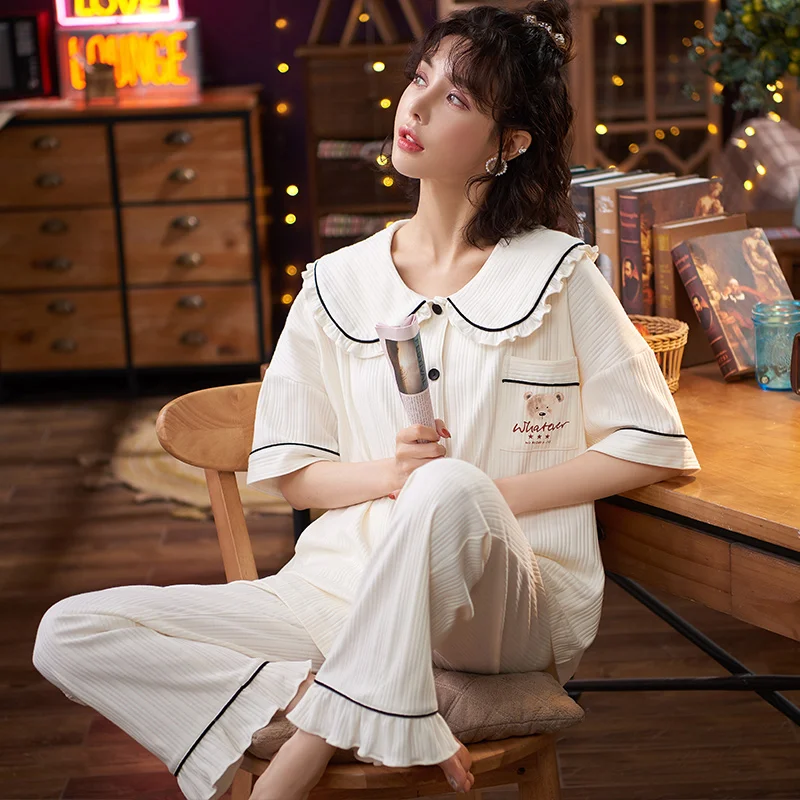 

Пижама женская хлопковая с отложным воротником, комплект из 2 предметов, домашняя одежда, Милая женская ночная рубашка, Весенняя мультяшная ...