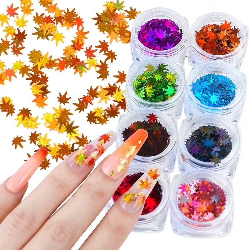 

12 Grids Maple Leaf Nail Glitter Flakes Nail Art Sequins Holographic Laser Flakes Paillette 3D Stickers Nail Art Decorations
