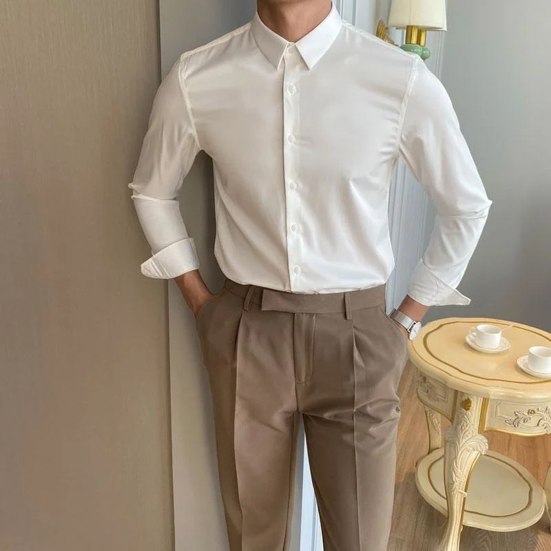 

Men 2021 Spring New Formal Wear Dress Shirts Mens Solid Color Long Sleeve Blouses Male Slim Fit Business Casual Shirts O321