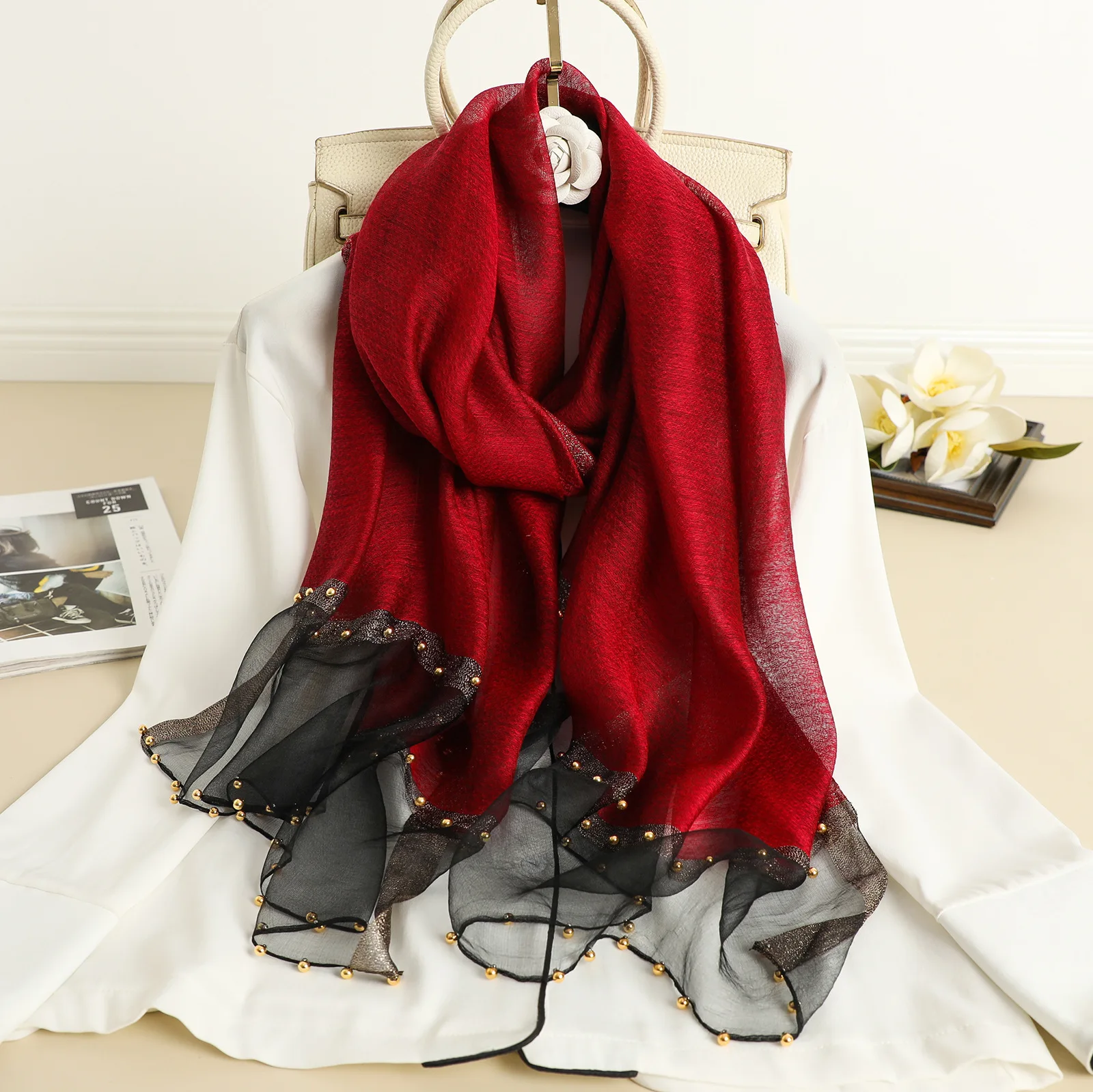 

2021 New Beaded Silk Scarf, Silk and Wool Blended Scarf, Pure Color Silk Scarf, Ladies Fashion Shawl