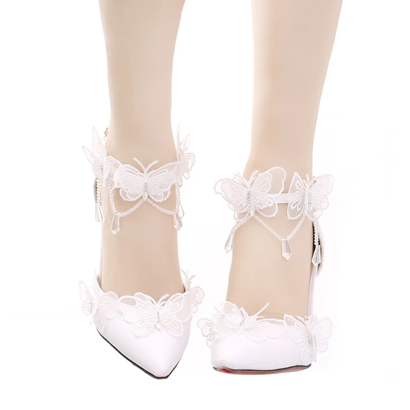 

Womens White Pointed-Toe Thin Bridesmaid Shoes for Women Buckle Sweet Butterfly Crystal Tassels Fairy High Heel Wedding Shoes