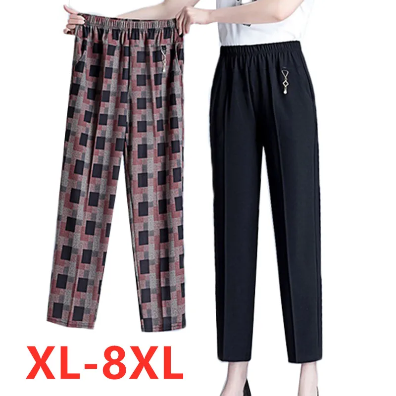 

Middle-aged Elderly Women Summer Pants 2022 New Plaid Thin Stretch Straight-leg Pants 6XL 7XL 8XL Female Casual Pants