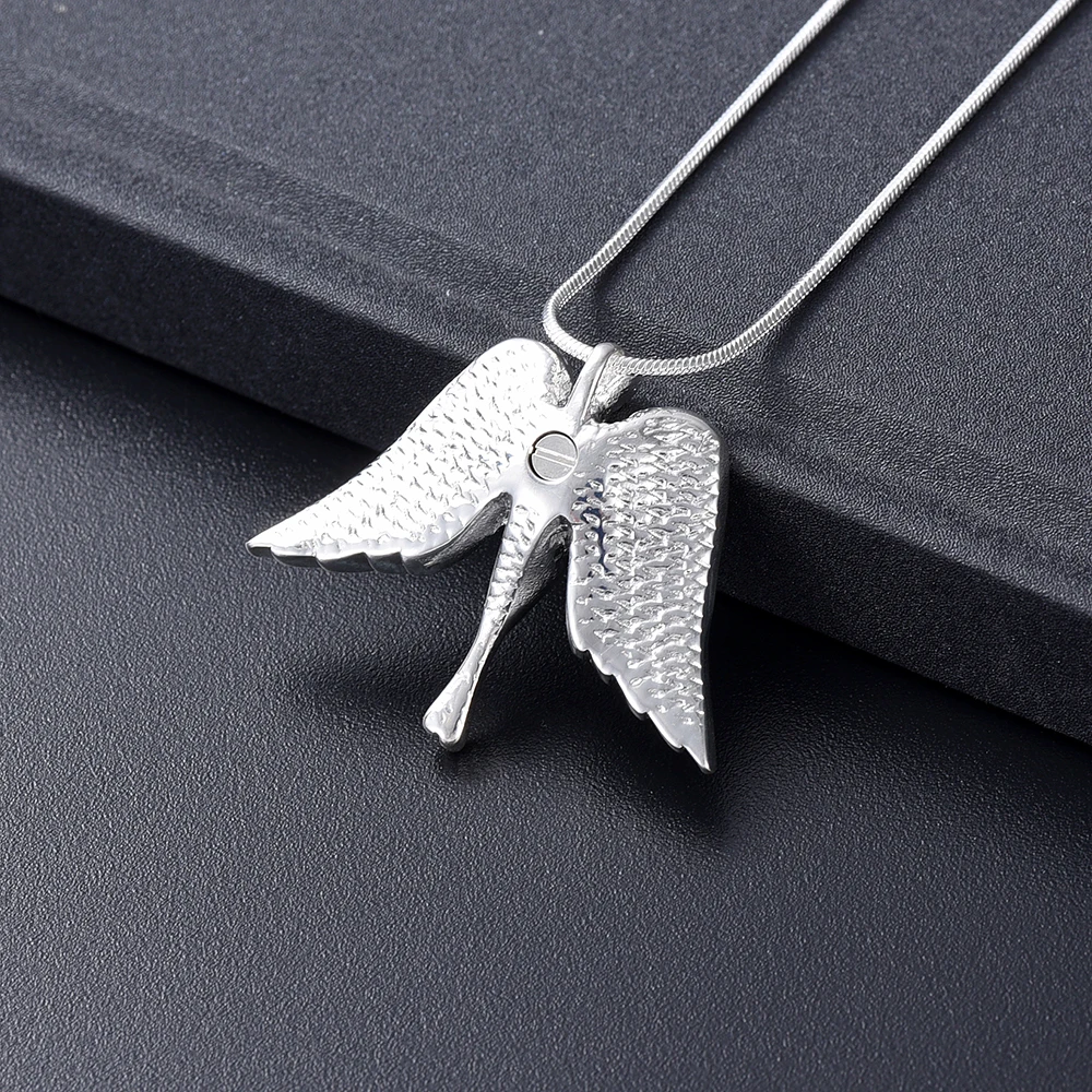

X082 White Clear Crystals Inlay Angel Wing Cremation Necklace Women Gift Locket with Hole Keep Loved Ones Ashes Safe