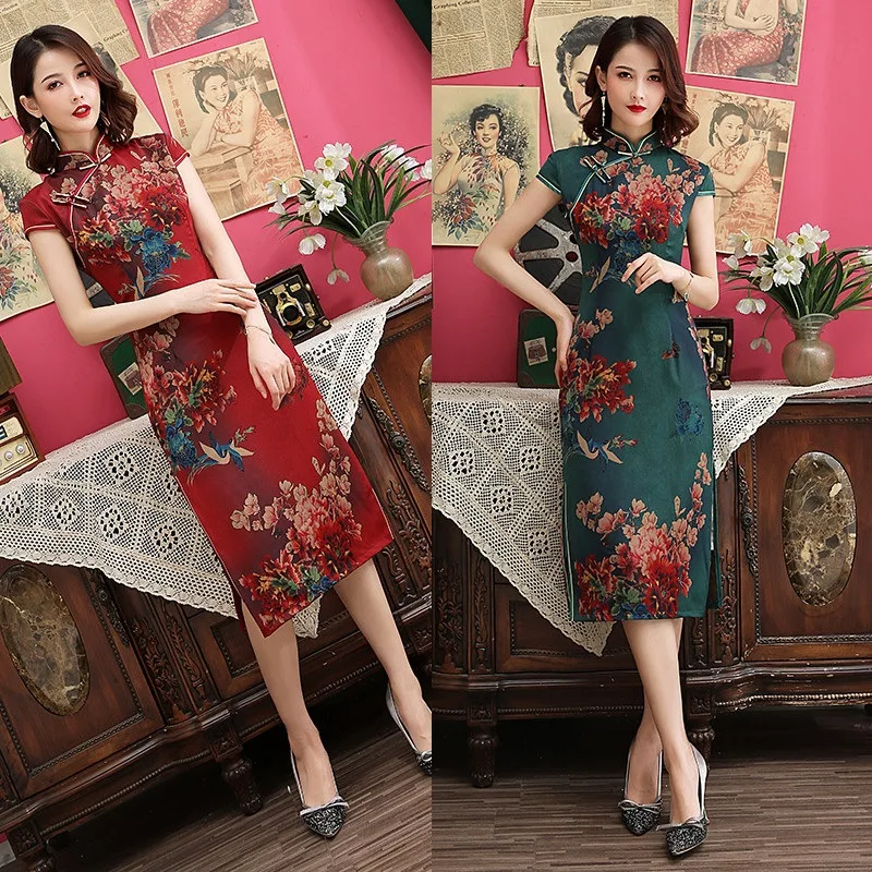 Женское винтажное платье Ципао из искусственного шелка с цветочным