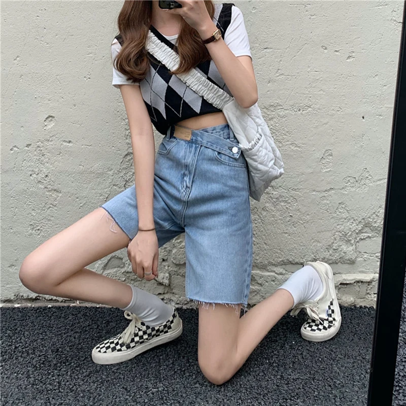 

2021 Summer New Retro Denim Knee Length Pants Female Harajuku Irregular High Waist Women Pants Streetwear Y2k Burrs Jeans Mujer