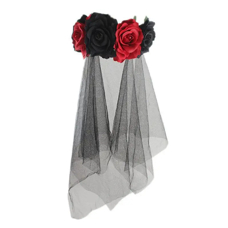 Halloween Wreath Headband Handmade Fabric Rose Flower with Black Mesh Veil Tulle Crown Festival Day of The Dead Hair Hoop - Цвет: RB