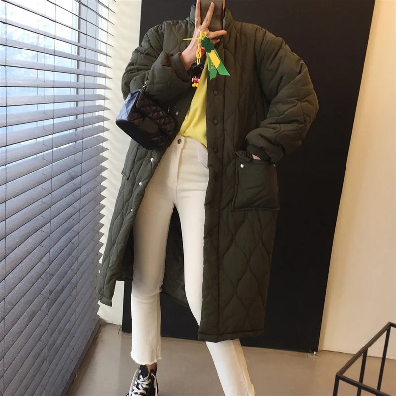 

Winter New Vintage Stand Collar Mid-length Single-breasted Lingge Warm Cotton Padded Coat Long Sleeve Casual Female Warm Outwear