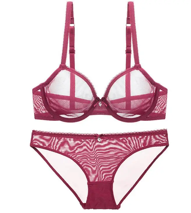 Sexy Womens Transparent Bra 3/4 Cup Non-padded Underwire Breathable Bra& Panties Mesh Unlined Bra Set 32 34 36 38 40 42 B C D - Цвет: Wine Red