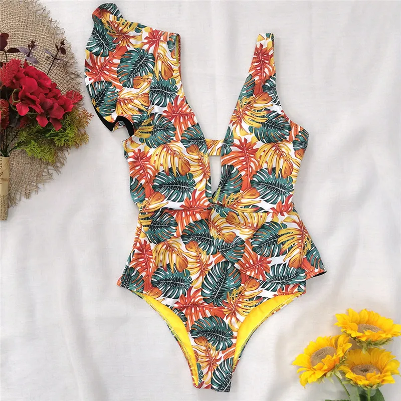 

Ruffles One Piece Swimsuit Women 2021 Sexy Deep V-Neck Floral Print Bikini Swimwear Summer Backless Push Up Beach Wear Monkini