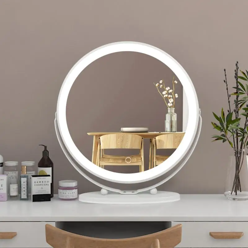 

LED Makeup Mirror With Light Ladies Storage Makeup Lamp Desktop Rotating Vanity Mirror Round Shape Cosmetic Mirrors for Bedroom