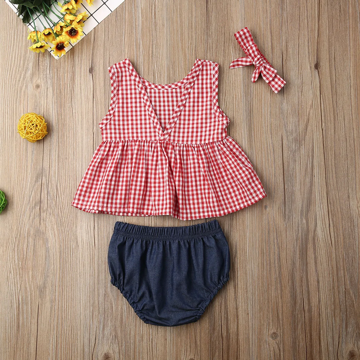 

Newborn Baby Girl 0-18M Clothes Sleeveless Plaids Casual Dress Tops Short Pants Headband 3Pcs Outfits Clothes