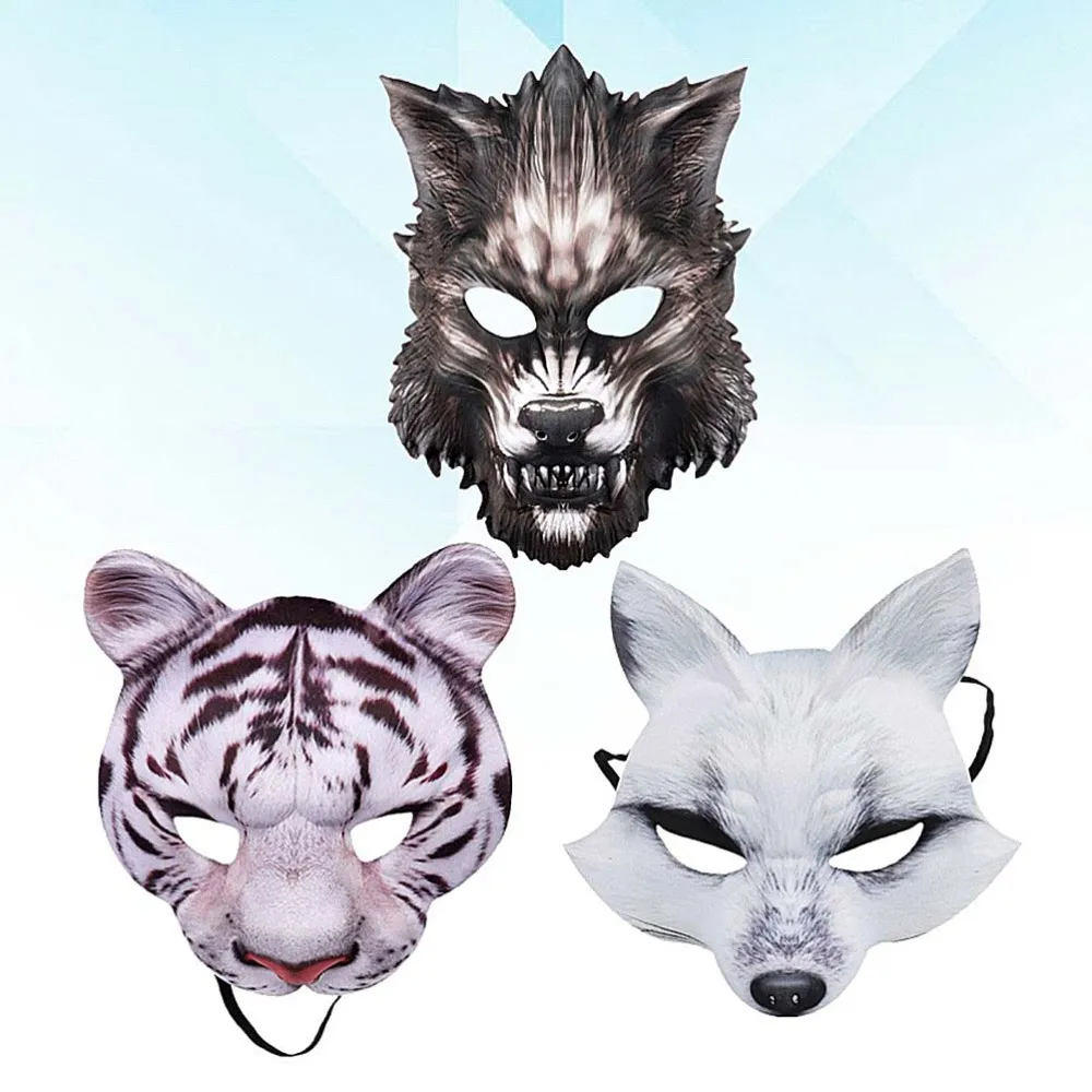

1 Set 3 Pcs Tiger Wolf Fox Simulation Masks for Party (Black White)