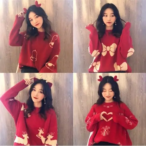 

Рождественские свитера, женская одежда, новинка осень-зима 2021, свободный популярный утепленный новогодний красный свитер в Корейском стиле