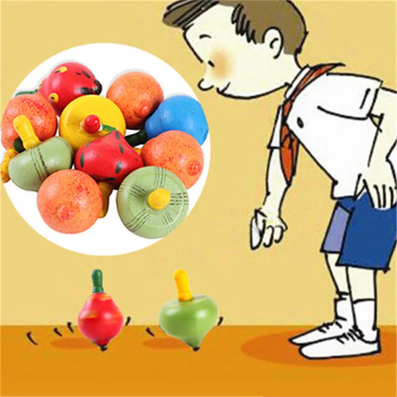 

Wooden Spinning Tops Colorful Fruit Mushroom Gyroscope Kids Gift Toys