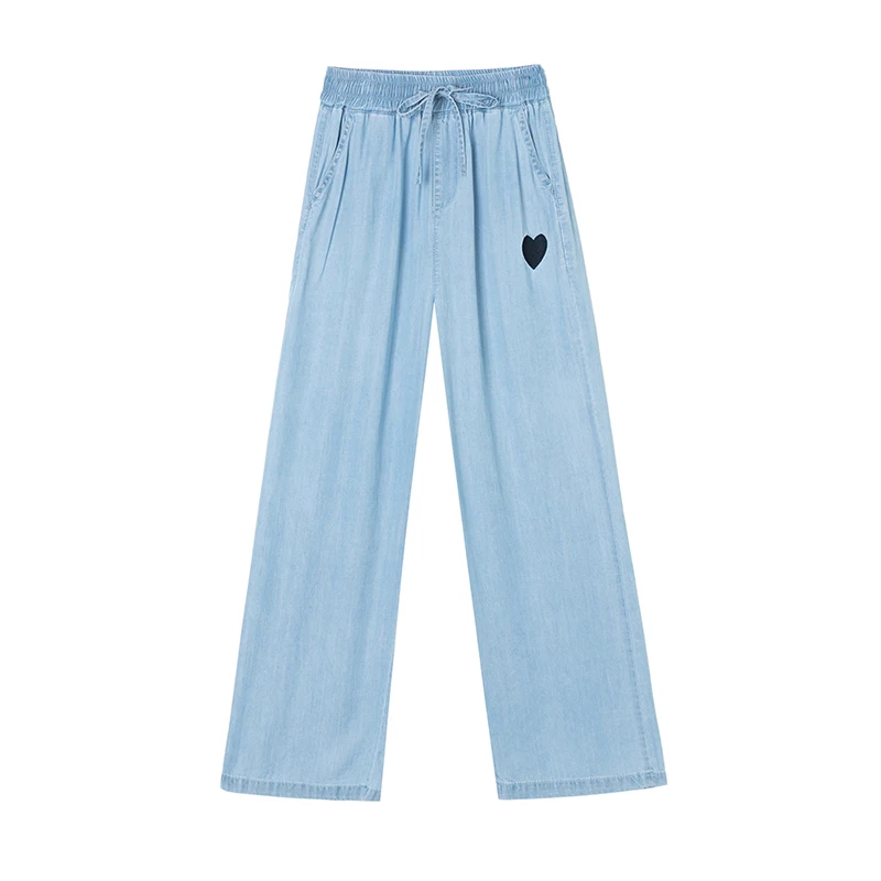 

2021 Summer Thin Korean Embroidered Love Tencel Denim Wide Leg Pants Women's High Waist Loose Thin Cropped Pants