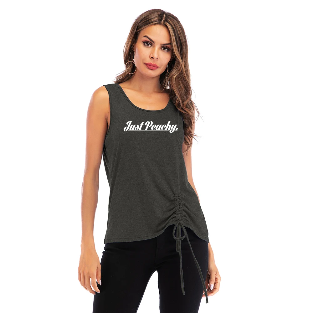 

New Summer Just Peachy Letter High Quality Tanks Fashion Breathable Sleeveless Tops Casual Shirring Print O-neck Ladies Tees