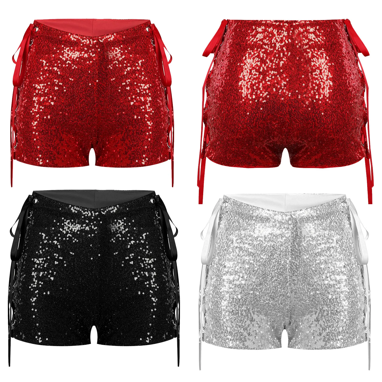

Women Fashion Side Lace-up Glitter Sequin Shorts Short Trousers Party Club Festival Raves Hot Sexy Pole Dance Performance Shorts