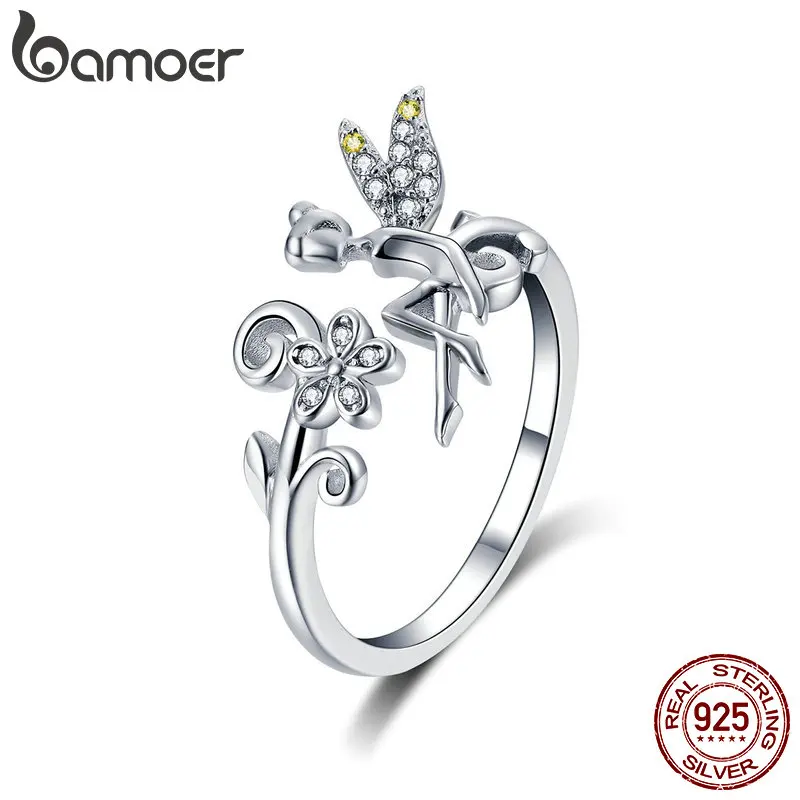 BAMOER, Новое поступление, 925 пробы, Серебряная Фея и цветок маргаритки, открытый размер, кольца на палец, для женщин, для свадьбы, помолвки, ювелирные изделия, BSR025