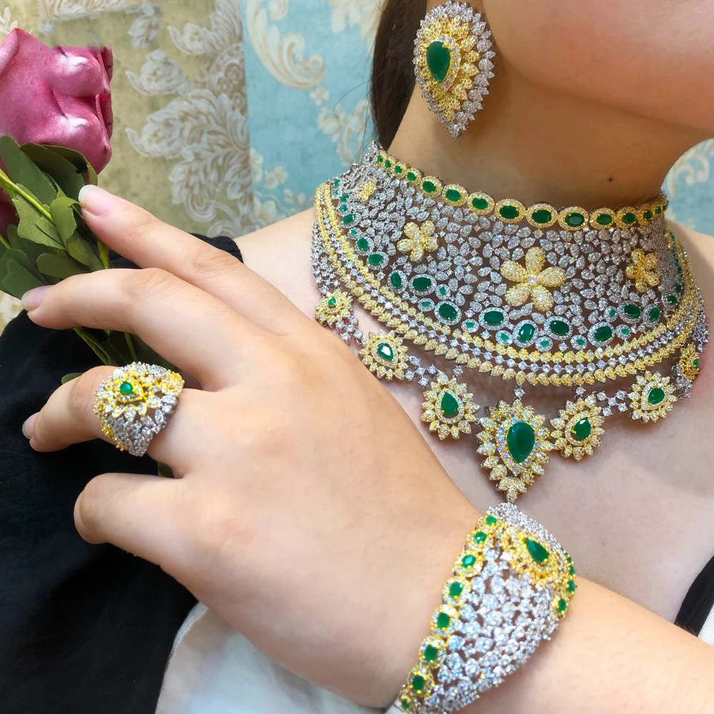 

Женский роскошный комплект из колье и серёг, с фианитом, шириной 110 мм