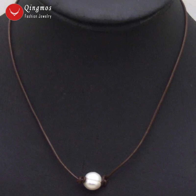 

Qingmos Natural Freshwater Pearl Pendant Necklace for Women with 10-11mm Potato White Pearl Chokers 18" Brown Genuine Leather