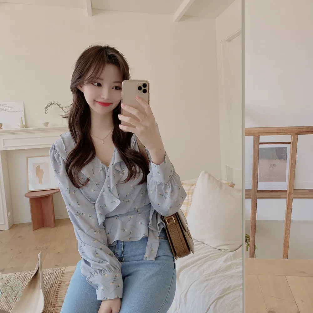 Рубашка женская в стиле оверсайз с винтажным принтом Топ длинным рукавом для