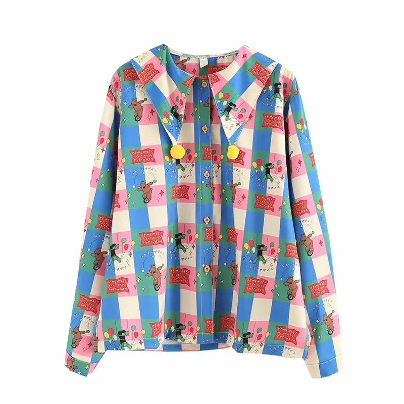 Bebbosons-Blusa holgada Harajuku de gasa para mujer, camisa con estampado de osos de dibujos animados, manga larga, cuello marinero, primavera 2021