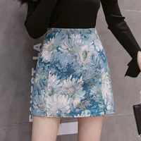 women high waist vintage skinny temperament pencil skirts blue floral print summer office elegant ink female sexy new mini skirt