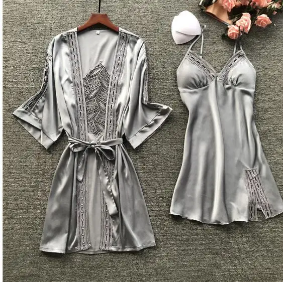 

2020 Women Robe & Gown 2pcs Sets Sexy Lace Sleep Lounge Pijama Long Sleeve Ladies Nightwear Bathrobe Night Dress With Chest Pads