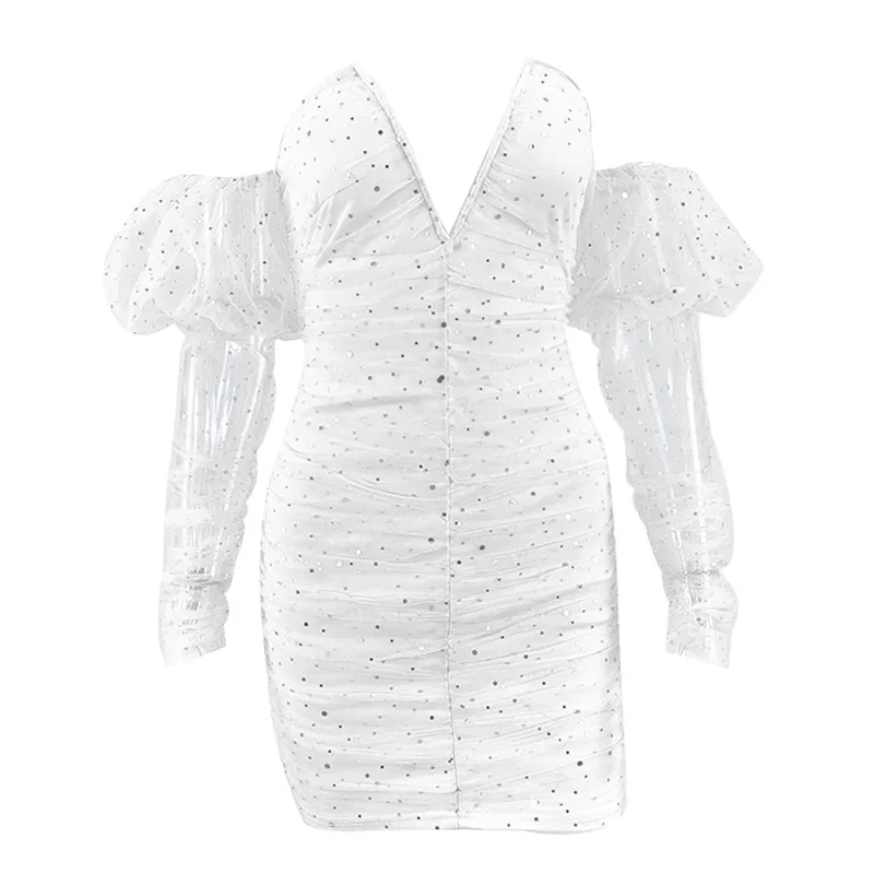

2021 Spring Women's Sexy Deep V Mesh Off-shoulder Polka Dot Pleated Chest Wrap Skirt Summer Dress