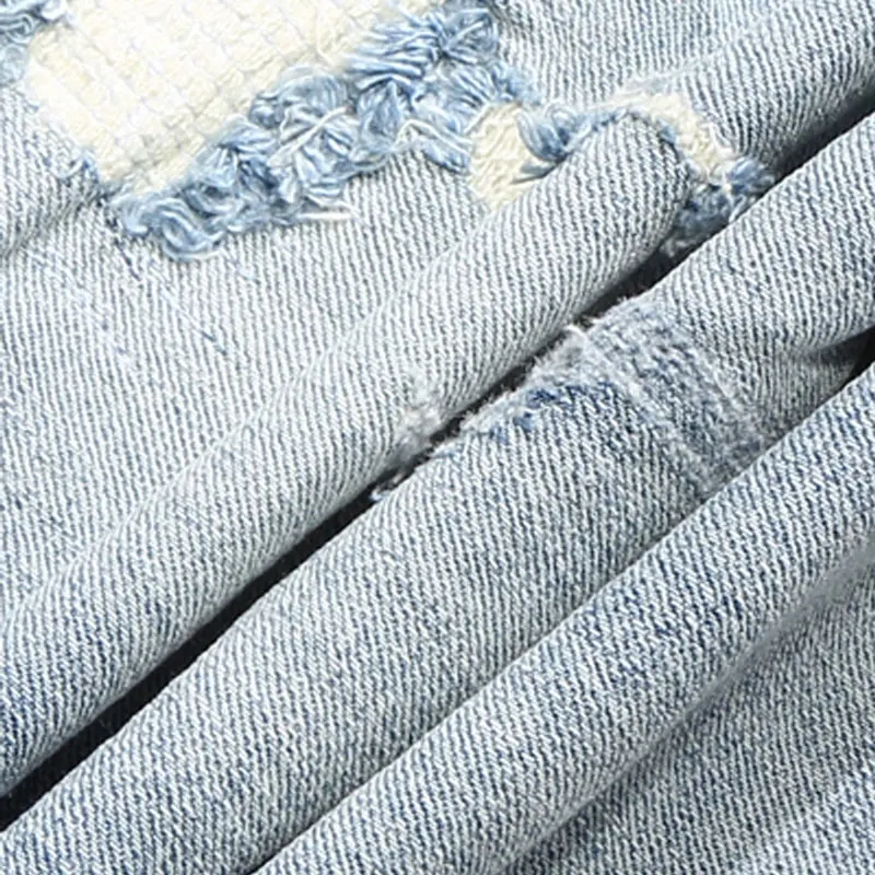 Korean Style Men Jeans Retro Light Blue Elastic Slim Fit Ripped Jeans Men Street Fashion Patchwork Designer Denim Pencil Pants