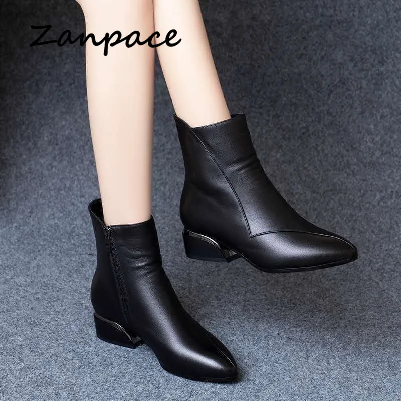 

ZANPACE 2021 Fashion Winter Women's High Boots Keep Warm Pointed Toe Leather Women Shoes Plus Velvet Platform Women Ankle Boots