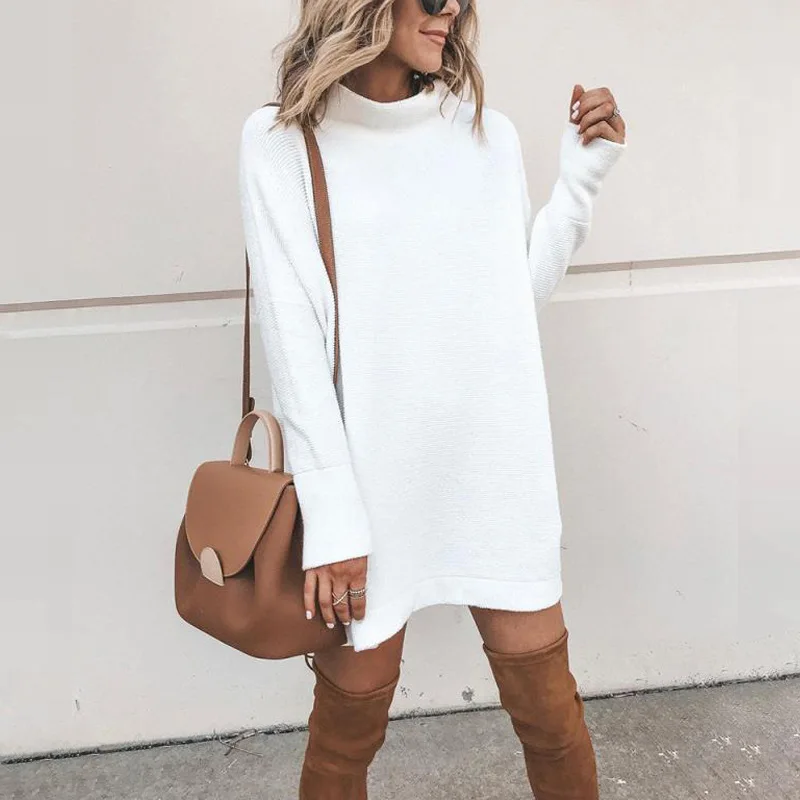 New Autumn Turtleneck Solid Knitted Sweaters Dress Women Long Sleeve Slim Streetwear Pullovers Oversized Sweater Pull | Женская одежда