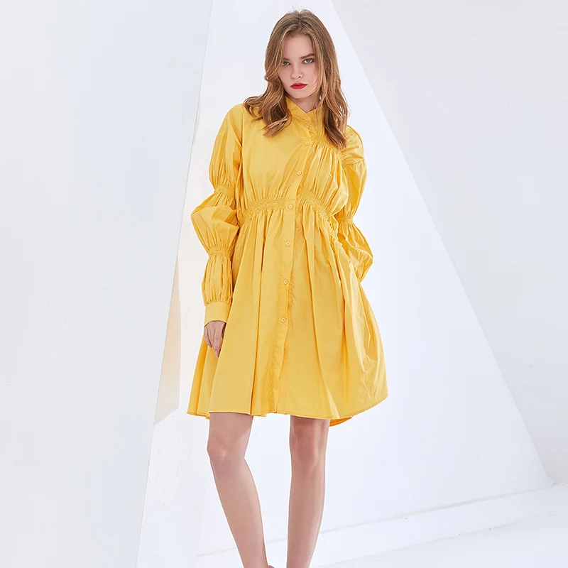 

TWOTWINSTYLE Drawstring Elegant Dress For Women Stand Collar Puff Sleeve Casual Loose Dresses Female Fashion New Spring Tide