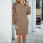 Женское трикотажное платье с длинным рукавом и кружевом, с круглым вырезом