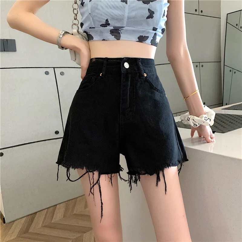 

SeeBeautiful Loose Denim Shorts High Waist Pockets Button Thin Simple All Match New Fashion 2021 Summer Women E841