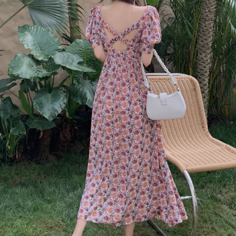 

French Vintage Printed Slim Maxi Dresses 2021 Summer New Sexy Elegant Short Sleeve Holiday Boho Beach Dress Vestido De Mujer