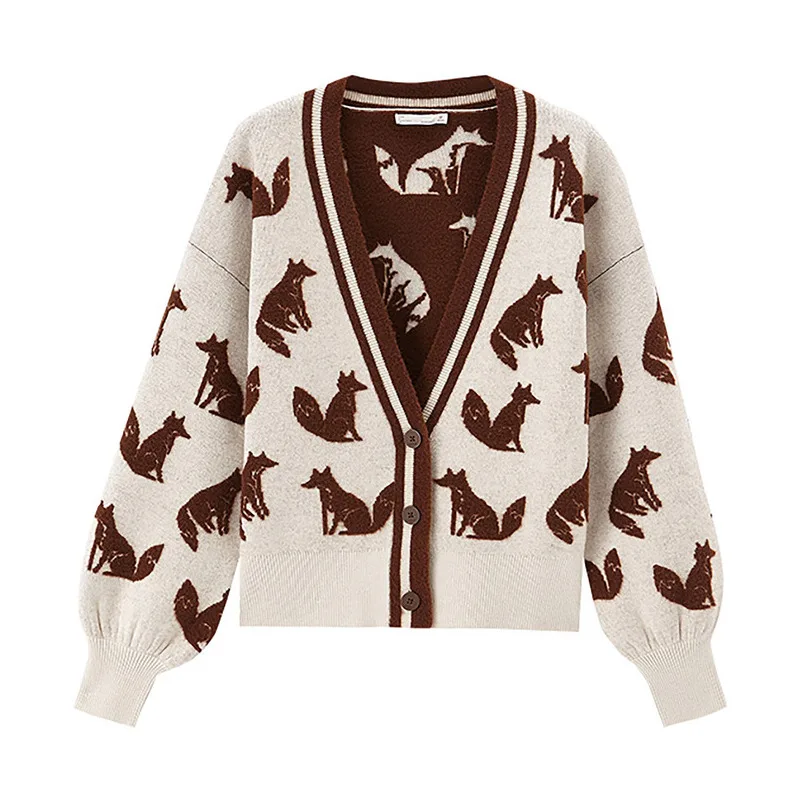 

2020 Winter New Arrivals Women's Sweater Coat Color Contrast V-neck Jacquard Loose Sleeve Knitwear