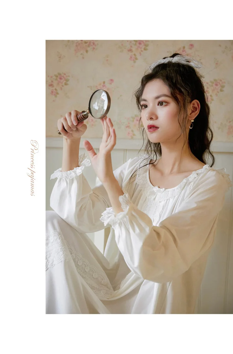 

New Long-sleeved Nightdress Female Spring Cotton Palace Style Retro Sweet Princess Loose Plus Size Home Service Embroidery