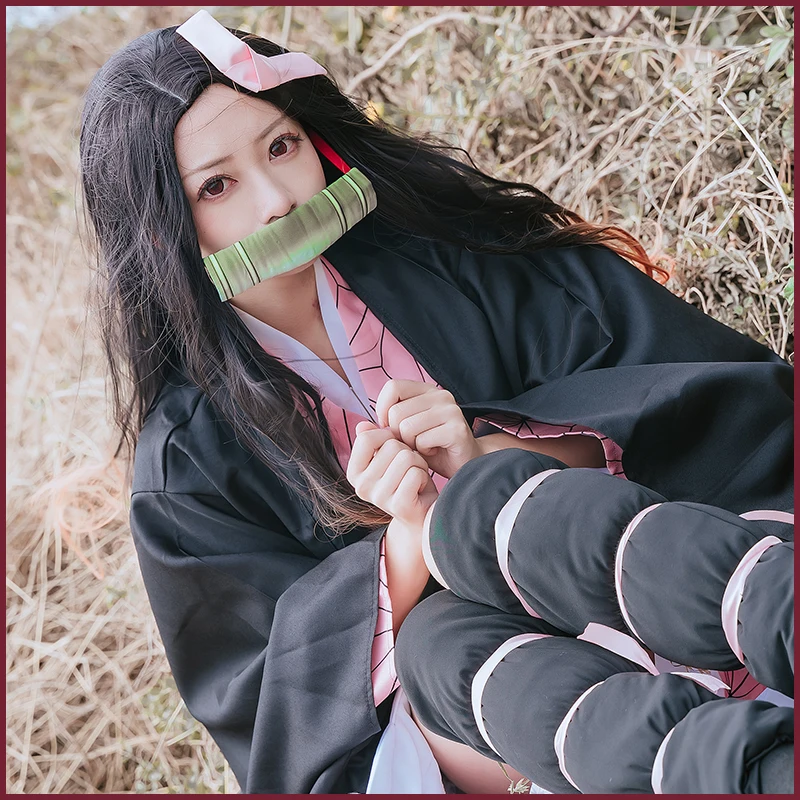 Kamado Nezuko Anime Cosplay Costume Wig Demon Slayer Kimetsu no Yaiba Kimono Uniform Cloak Full Set Halloween Gradient hair |