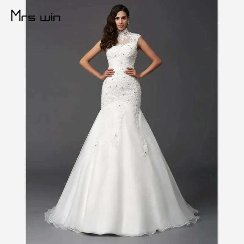 

Mrs win Wedding Dress Cystal Mermaid Wedding Dresses Elegant High Collar Vestido De Noiva Plus Size Lace Bridal Ball Gowns HR024