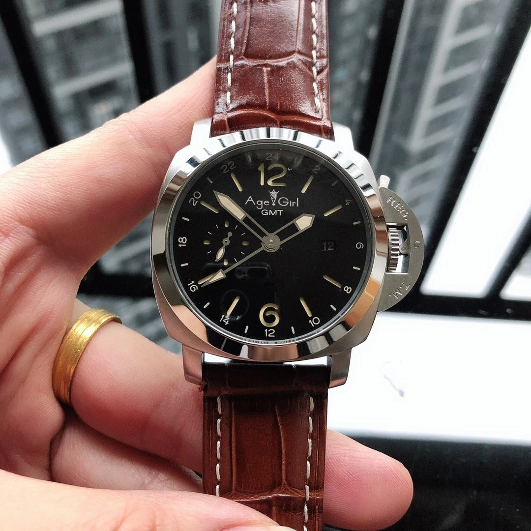 

Classic New Men Automatic Mechanical Stainless Steel 1950 3 Days GMT Luminous Black Leather Green Number Watch 44mm