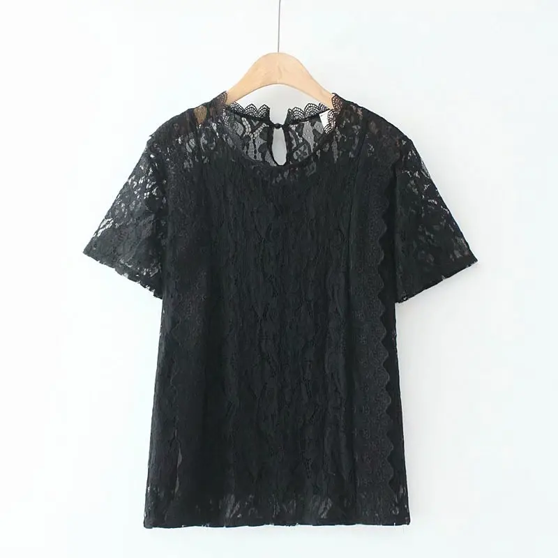 

Summer womens tops and blouses plus size T-shirt female 2021 lace collar short sleeves women's t-shirt white black