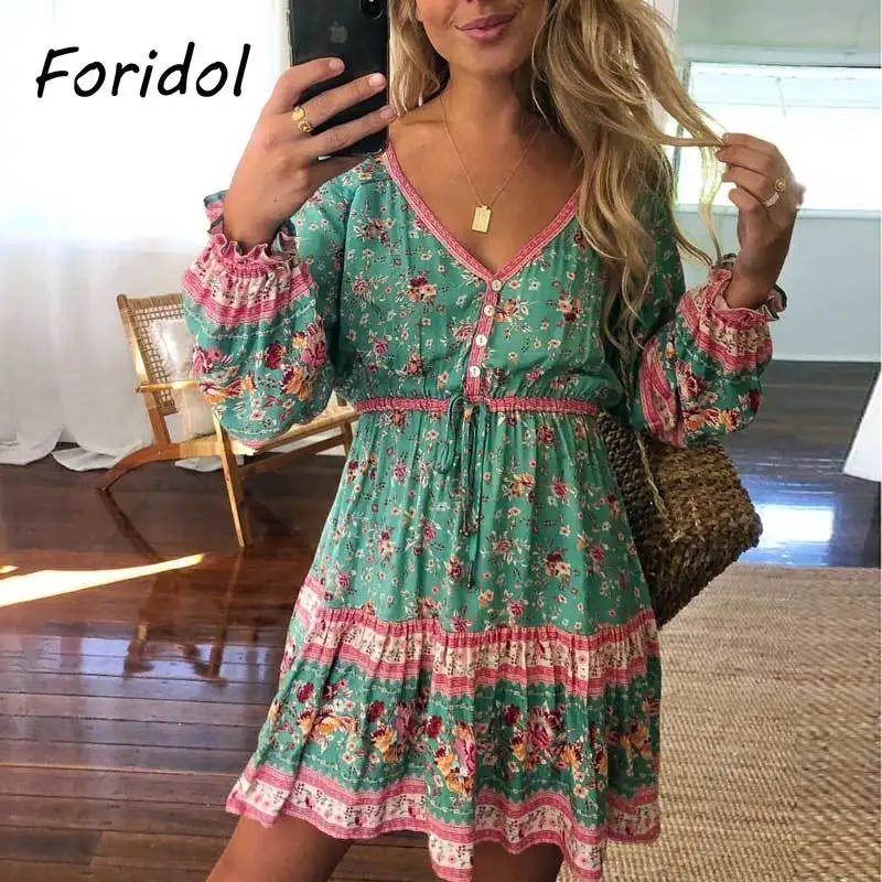 

Foridol V Neck Button Up Long Sleeve Bohemian Dress Women Floral Print Boho Casual Cotton Short Dress Beach Holiday Dress 2021