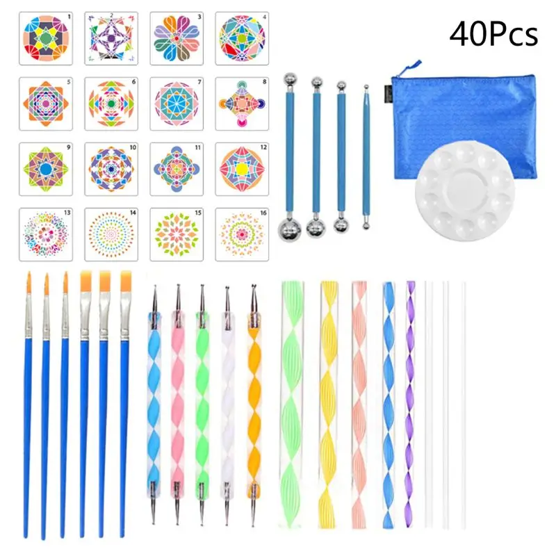 

37/40pcs Mandala Dotting Pen Handwork Tools Set for Rock Painting with Stencils Template Brush Paint Tray