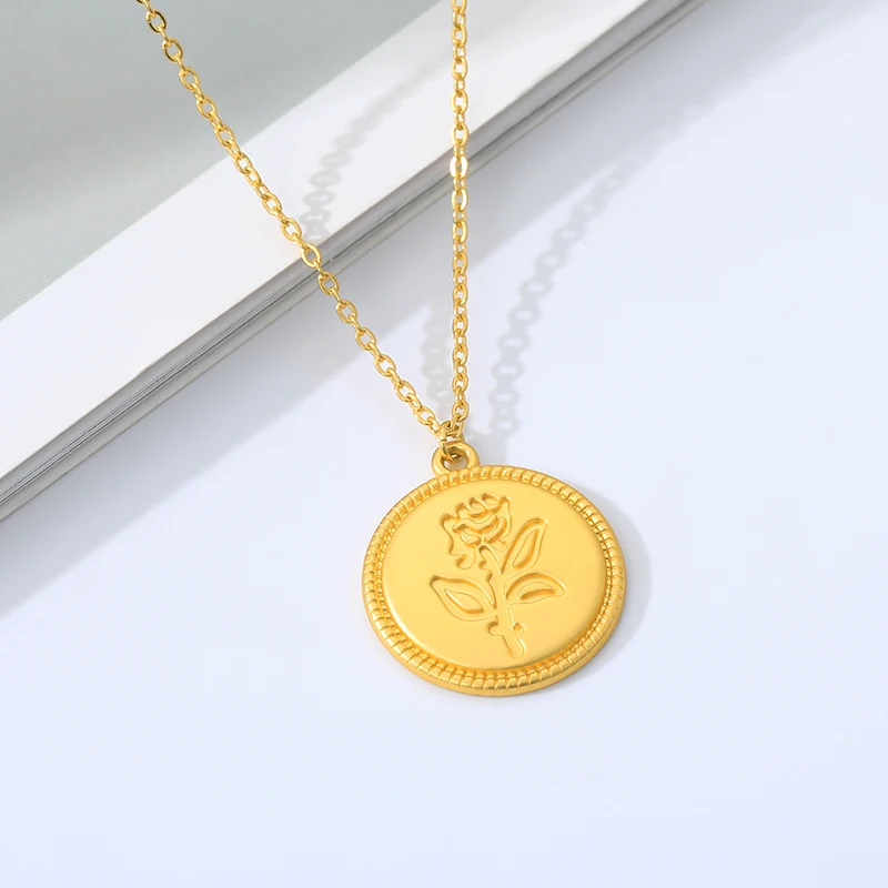 

Rose Flower Pendant Necklace For Women Girlfriend Gold Round Coin Chain Chocker Female Necklace Aesthetic Jewelry Accessorie BFF