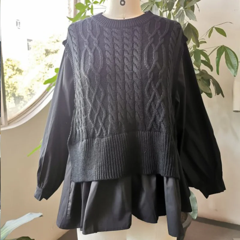 Осенний жилет прошитая рубашка имитация двух частей темпераментная Корейская