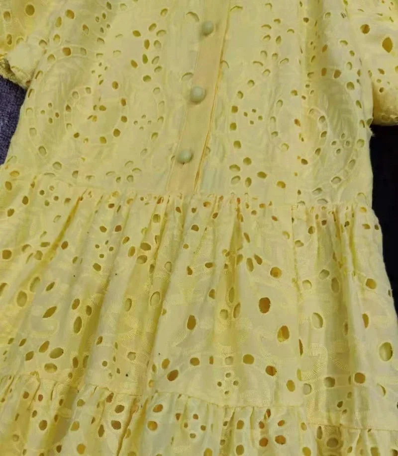 

2021 Summer Fashion White Yellow Black Dress High Quality Women Turn-down Collar Hollow Out Embroidery Short Sleeve Dress Chic