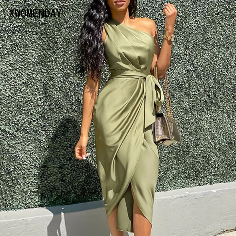 Длинное платье на одно плечо с бантом поясе сексуальные женские платья без