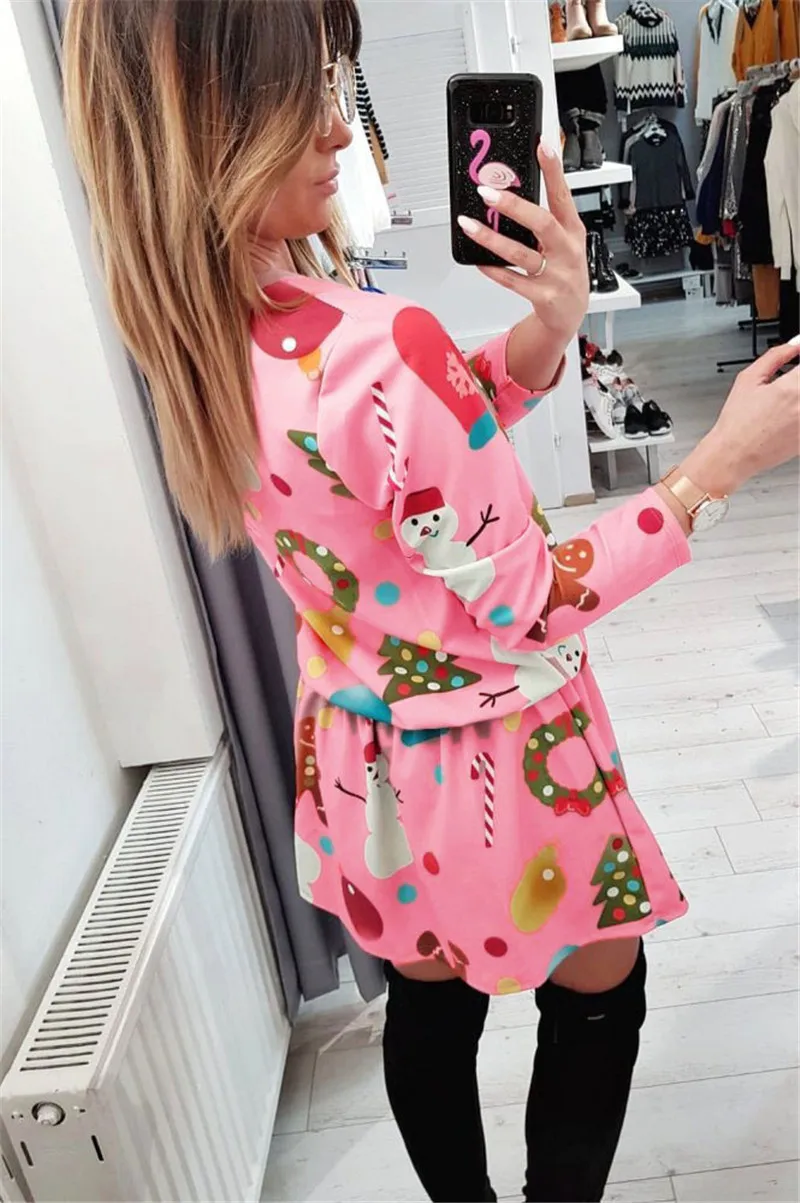 Elsvios Women Autumn Winter Christmas Dress New Year Long Sleeve Party Dress Snowman Print Mini Dresses For Parent-Kid Vestidos